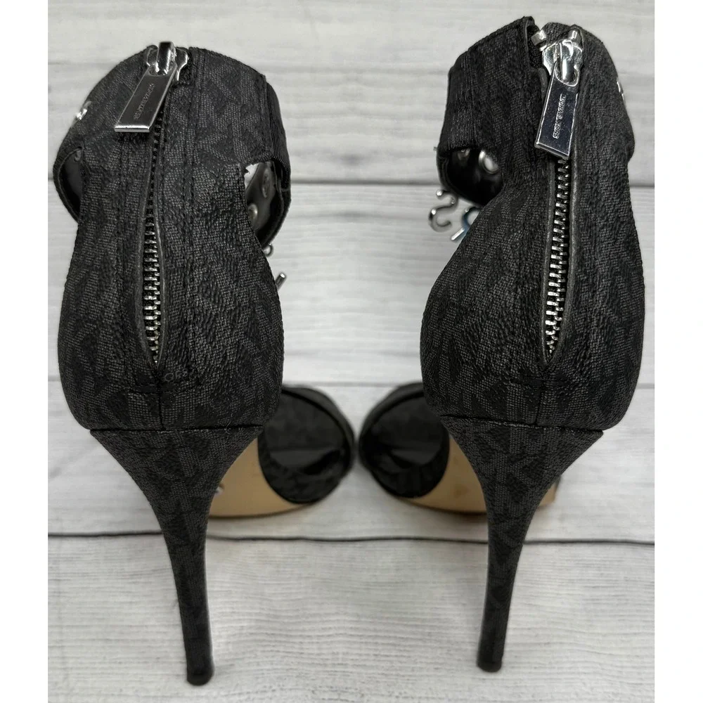 Michael Kors Black Kelli Logo‎ Charm Ankle Strap Heeled Sandals Size 6M